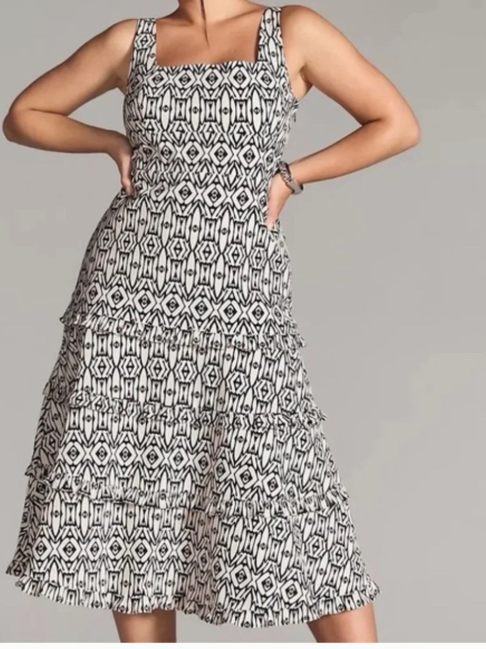 ANTHROPOLOGIE Blythe Black & White Square-neck, Tiered Dress with Straps- XL NWT